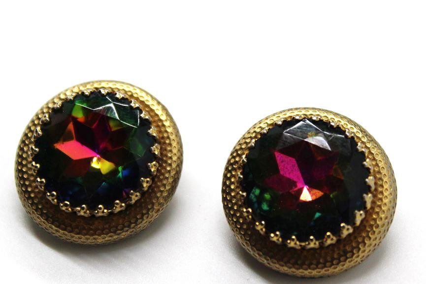 Vintage Elsa Schiaparelli Rhinestone Clip Earrings: Elsa Schiaparelli multicolor watermelon rhinestone clip earrings. Approx 1 1/8" in diameter. Signed "SCHIAPARELLI" on the clip levers.