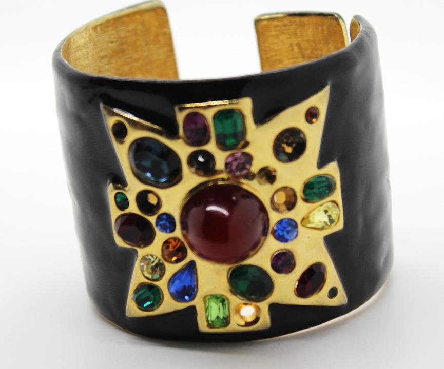 Kenneth Jay Lane Black Enamel Rhinestone Cuff Brac: Signed Kenneth Lane. Large, regal black enamel cuff bracelet with multi-color rhinestones. 2" long, 7" wide.