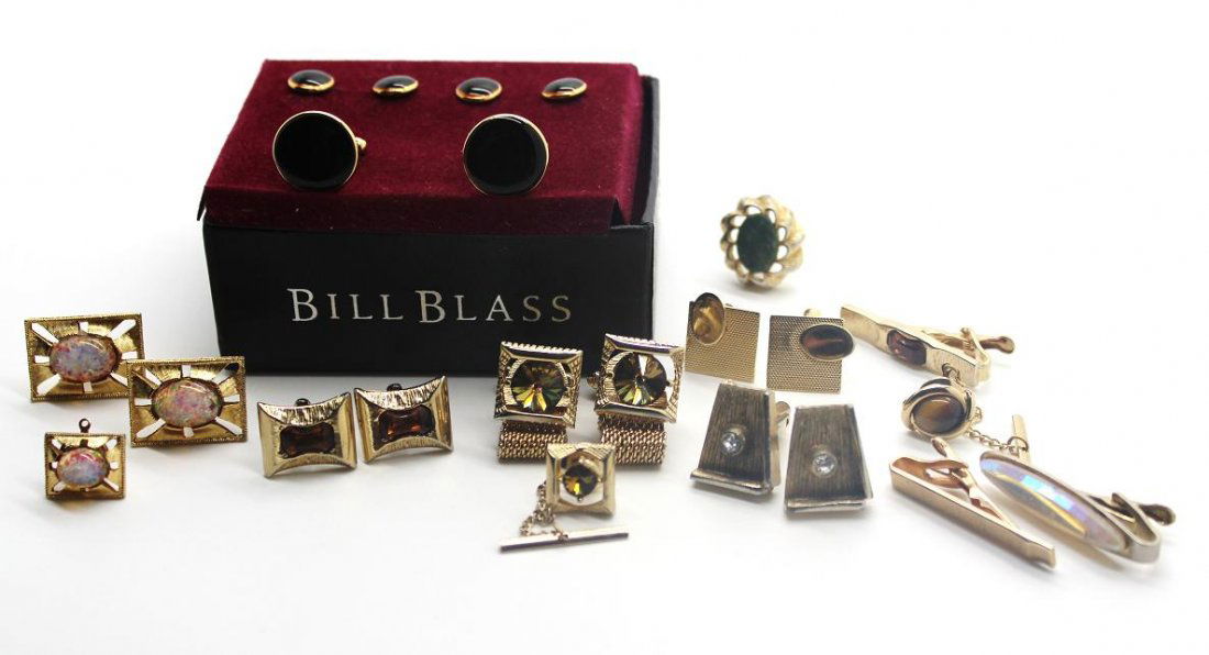 Vintage Lot of Cufflinks & Tie Clips Bill Blass &: Unworn in box Bill Blass cuff links. Four marked Swank. Rhinestone, jade, topaz/opal appearing stones.