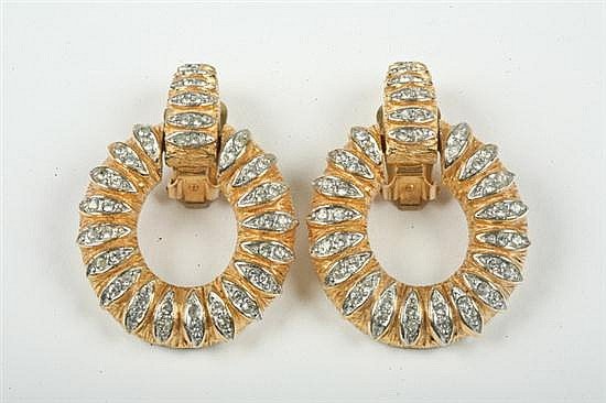 Vintage Kenneth Jay Lane Gold Oval Clip Earrings: Vintage 80's Kenneth Jay Lane Goldtone double loop oval clip earrings with rhinestone accents Measure 2" in length & 1 1/4" wide Signed K.J.L