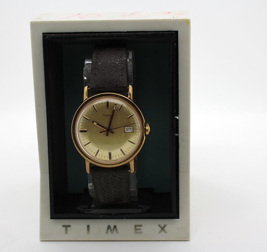 Vintage Timex Watch in Box: Brown band with gold face. Unworn.