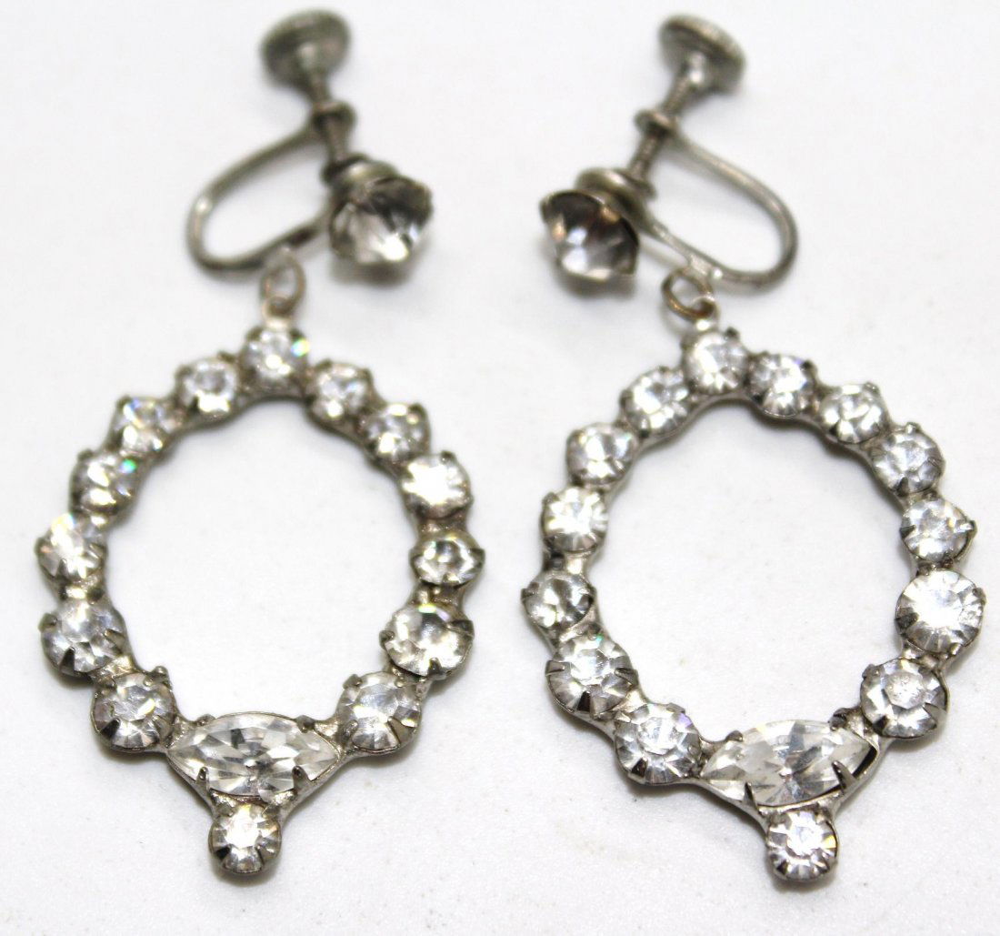 Vintage Silver Tone Rhinestone Hoop Screwback Earrings: 2"