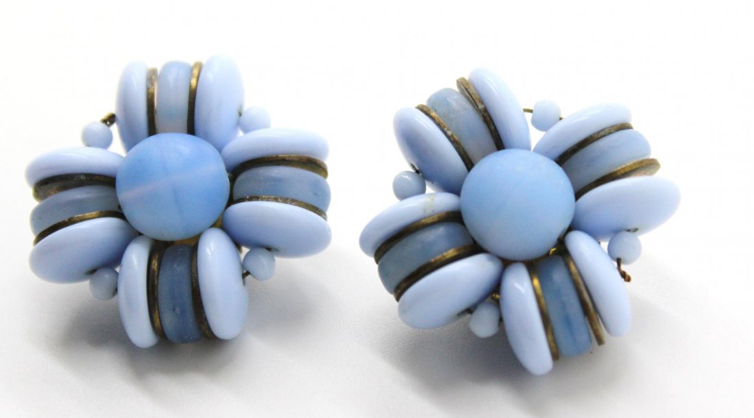 333: Vintage West Germany Blue Plastic Clip Earrings: Signed West Germany. 1" in diameter