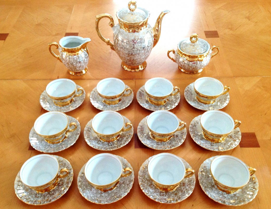 Antique Bavaria Mitterteich 24K Gilt & Etched Tea Set: Antique, over 70 years old, Bavaria Mitterteich 24K gilt and etched China tea set. Service for 12. Set includes Teapot, Creamer, Sugar bowl with lid, 12 cups and 12 saucers. All in Excellent condition