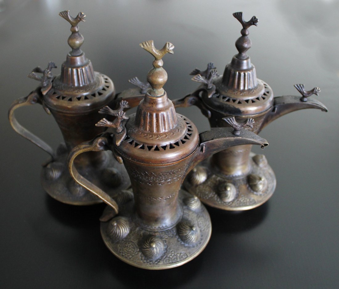 3 Turkish Dallah, Ibrik, Cezve, Handmade Coffee Pot: 3 Turkish Dallah, Ibrik, Cezve, handmade copper coffee pot. Middle East coffee pot. Handmade copper Meadle East coffee pot, called at the different places with different way - Cezve, Ibrik, Dallah, Tu
