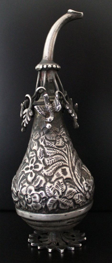 OTTOMAN SILVER-REPOUSSÉ ROSEWATER SPRINKLER: OTTOMAN SILVER-REPOUSSÉ ROSEWATER SPRINKLER. TURKEY, 18TH/19TH CENTURY. Antique Ottoman Islamic Sterling Silver Rose Water Shaker Sprinkler Birds Bottle With floral medallions and Birds. Hallmarked a