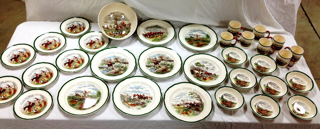 J.F.Herring "The Hunt" Dinnerware: These dishes have never been used. There are 8 plates, 8 small plates, 8 little bowls, 8 coffee, 1 serving bowl.