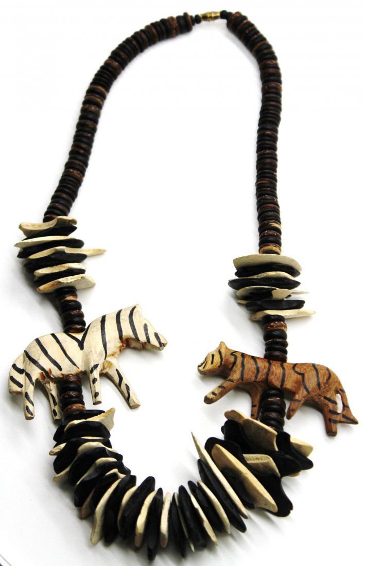 196: Vintage Zebra & Tiger Pendent Wooden Necklace: 24"