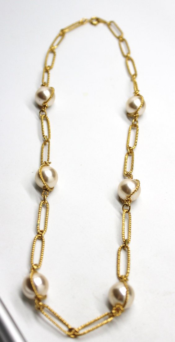 Vintage Napier Faux Pearl & Gold Bead Necklace: 30" in length