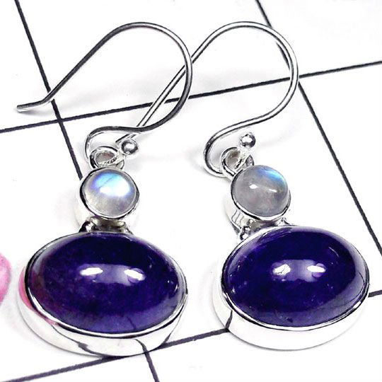 Natural AA Tanzanite with Moonstone Handcrafted Designe: Natural AA Tanzanite with Moonstone Handcrafted Designer 925 Sterling Silver Earrings