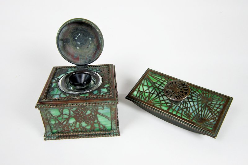 Tiffany Studios Inkwell and Blotter: Similar (non-matching) Tiffany Studios bronze and green slag glass inkwell and blotter. Inkwell marked Tiffany Studios, New York; Blotter marked Tiffany Studios, New York, 995.