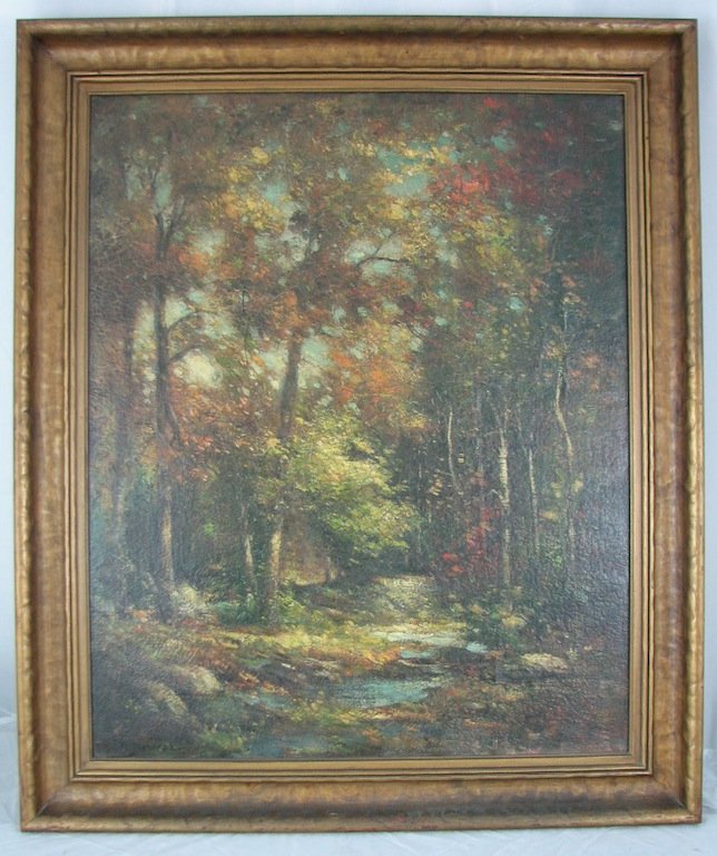 Bertus Pietersz (1869-1938), Oil on Canvas: Fall, wooded landscape with water in foreground, signed lower left. In original frame. Dimensions: 27" x 22"