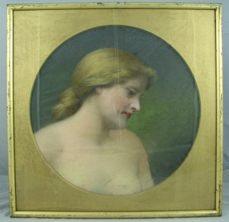 J. (James) Wells Champney (1843-1903), Pastel Portrait : Signed. Retains 'Butler Picture Frames' label. Dimensions: diameter - 18"