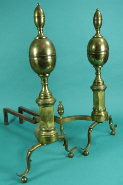 Pair Brass Double Lemon-Top Andirons: With log stops. Dimensions: height - 25 3/4", depth - 25"