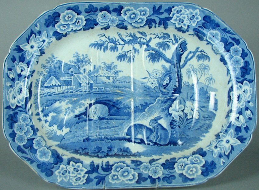 English Blue/White Transferware Well and Tree Platter: 18 1/2" x 13 1/2"