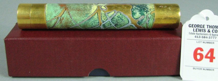 Handcrafted Brass Enamel-Decorated Kaleidoscope: Signed Steven Auger, 1987, II 25. Length - 6", Diameter - 1"