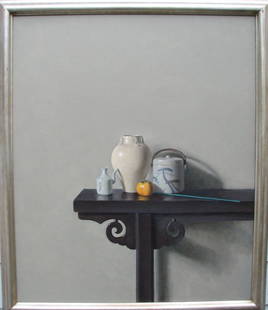 Raymond Han, Oil on Canvas: Orientalia and Persimmon", signed on stretcher - Han '98. Retains original Forum Gallery label. 48" x 40