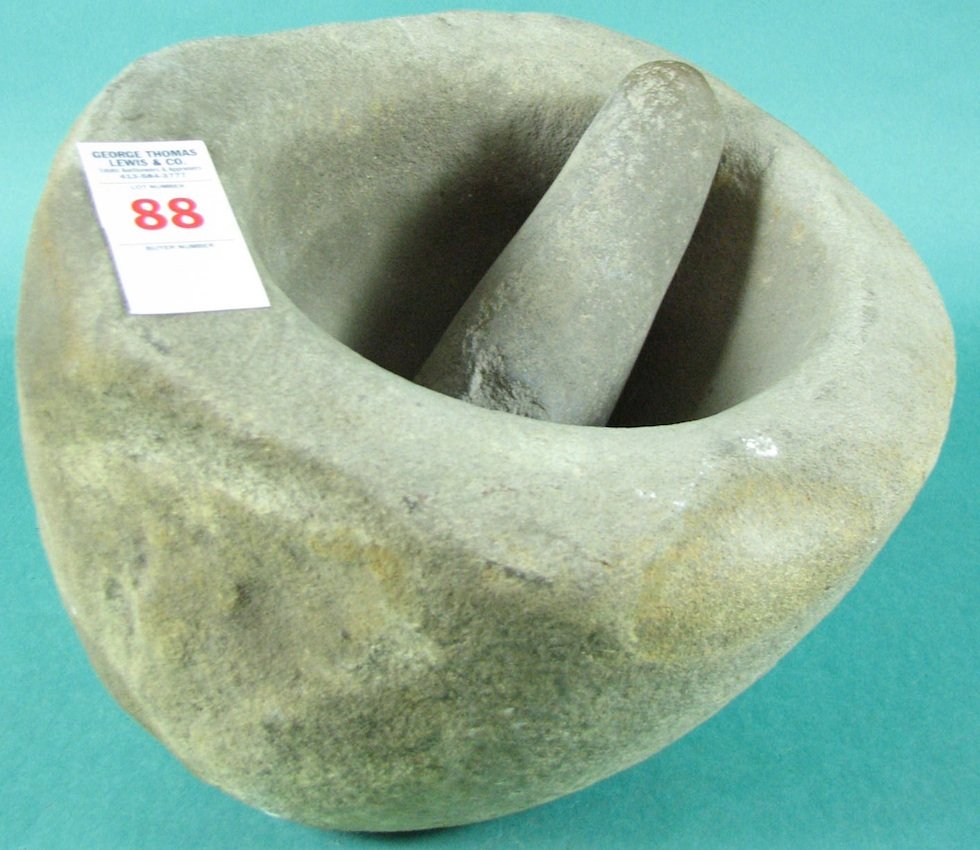 Large Stone Mortar and Pestle: Found in Arizona or East Red Bluff, CA. area in 1905. Diameter - 11 1/2" x 10 1/2"