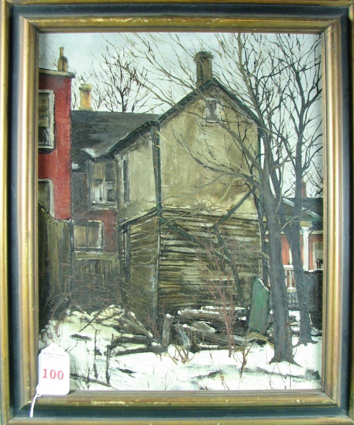 Albert Jacques Franck, Oil on Masonite: House on Monro St." signed lower right Franck. Retains original label on reverse. 20" x 16