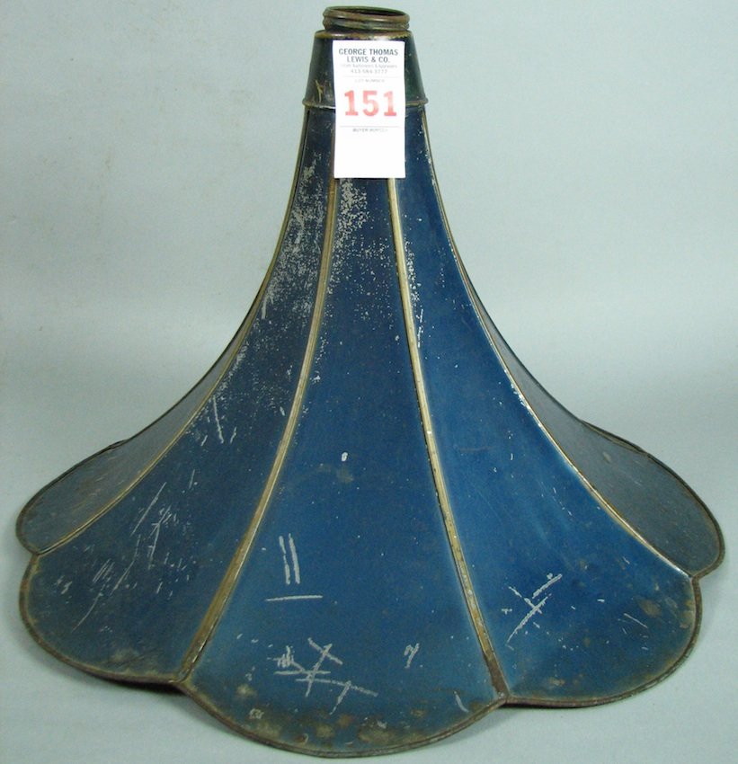 Two Phonograph Horns: Painted brass/tin morning glory and repainted paper-mache. Tin: Length - 12 1/2", Diameter - 17 1/2". Paper: Length - 22 1/2", Diameter - 12"