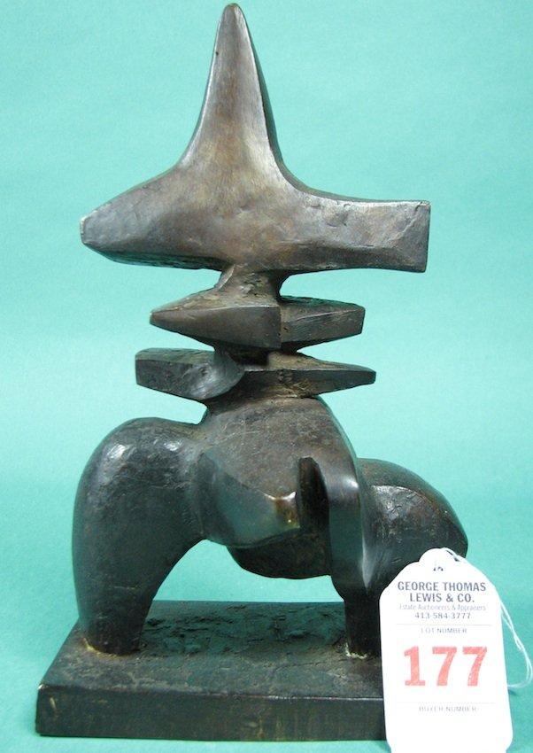 Abstract Bronze Sculpture: Marked 4/3 E Trog (in the manner of Lynn Russell Chadwick). Height - 10", Width - 5 3/4", Depth - 4 3/4"