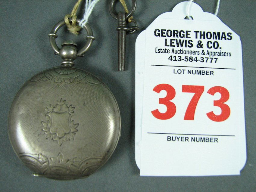 Silver Hunter Case Pocket Watch: Key wind, stem at 3:00. Case inscribed James Perret Locle Fine Silver. Inner lid inscribed Louis Jacot Locle #7661. Case diam - 43 mm