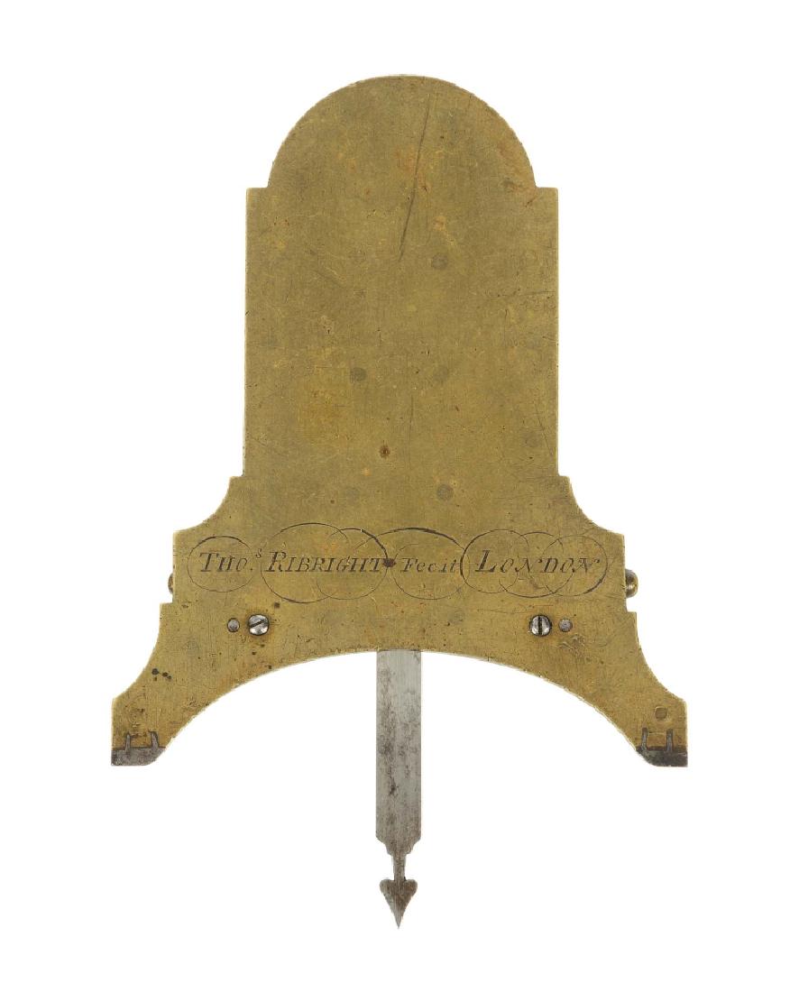 A RARE GUNNER'S PERPENDICULAR BY THOMAS RIBRIGHT,: A RARE GUNNER'S PERPENDICULAR BY THOMAS RIBRIGHT, LONDON, CIRCA 1750 the shaped brass plate signed THOs.RIBRIGHT FECIT LONDON , the reverse with sliding indicator and bubble level -- 5in. (13cm.) high