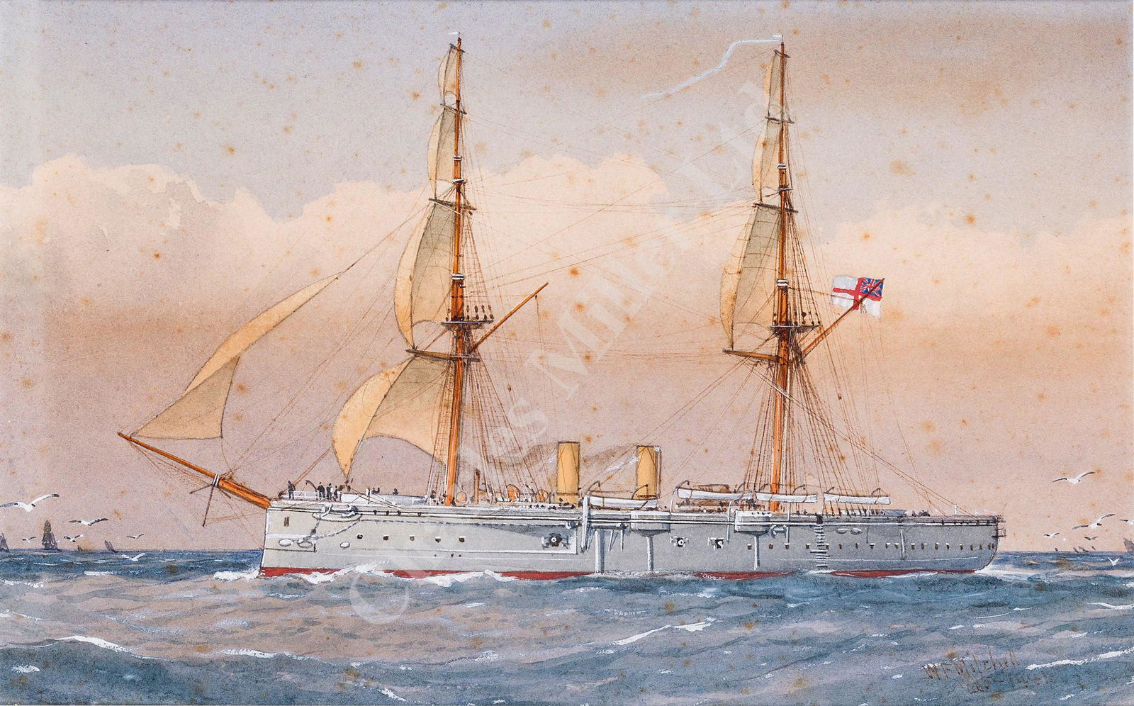 WILLIAM FREDERICK MITCHELL (BRITISH, 1845-1914) H.M.: WILLIAM FREDERICK MITCHELL (BRITISH, 1845-1914) H.M. Ships 'Monarch' (1885-1891); 'Temeraire'; and 'Neptune' (1879-1888) Watercolour Each signed 'W.F. Mitchell', and two dated as per title The largest