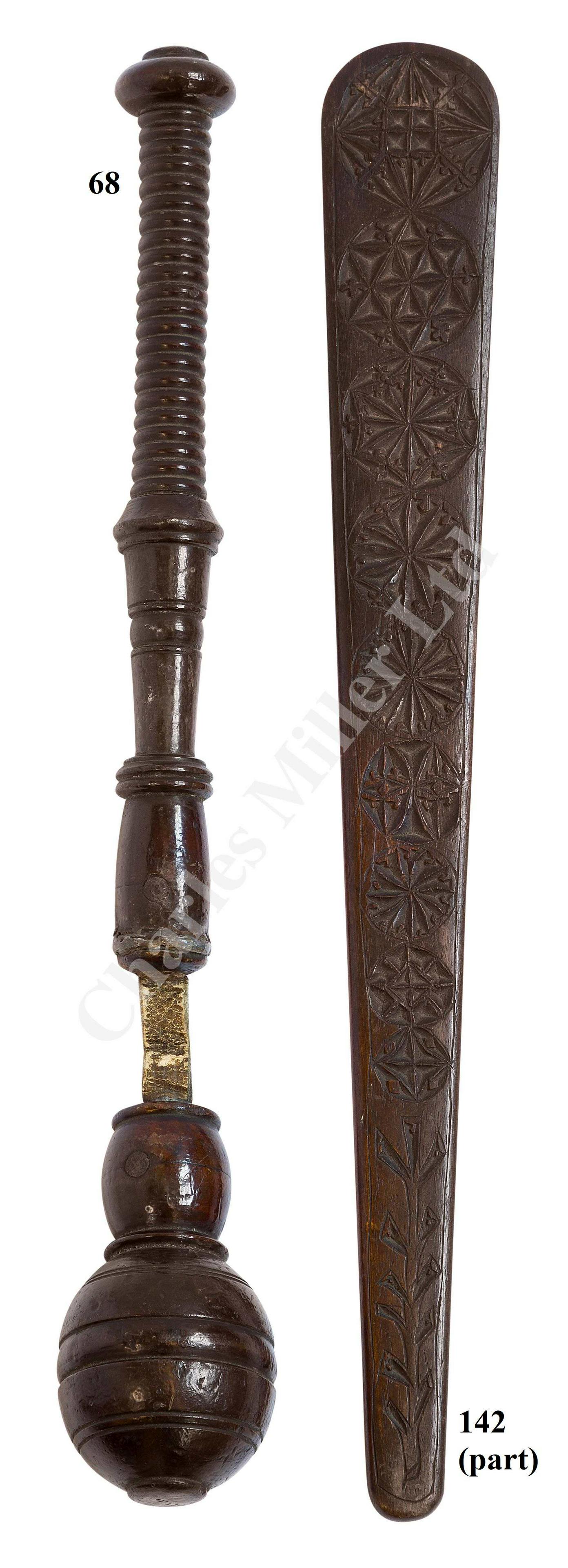 Ø A SMALL 19TH CENTURY WHALE BONE FID; a busk & a snuff: Ø A SMALL 19TH CENTURY WHALE BONE FID of typical tapering form, drilled for a thong handle -- 6½in. (16.5cm.) high; together with a sailor's wooden stay busk carved over one side with geometric desi