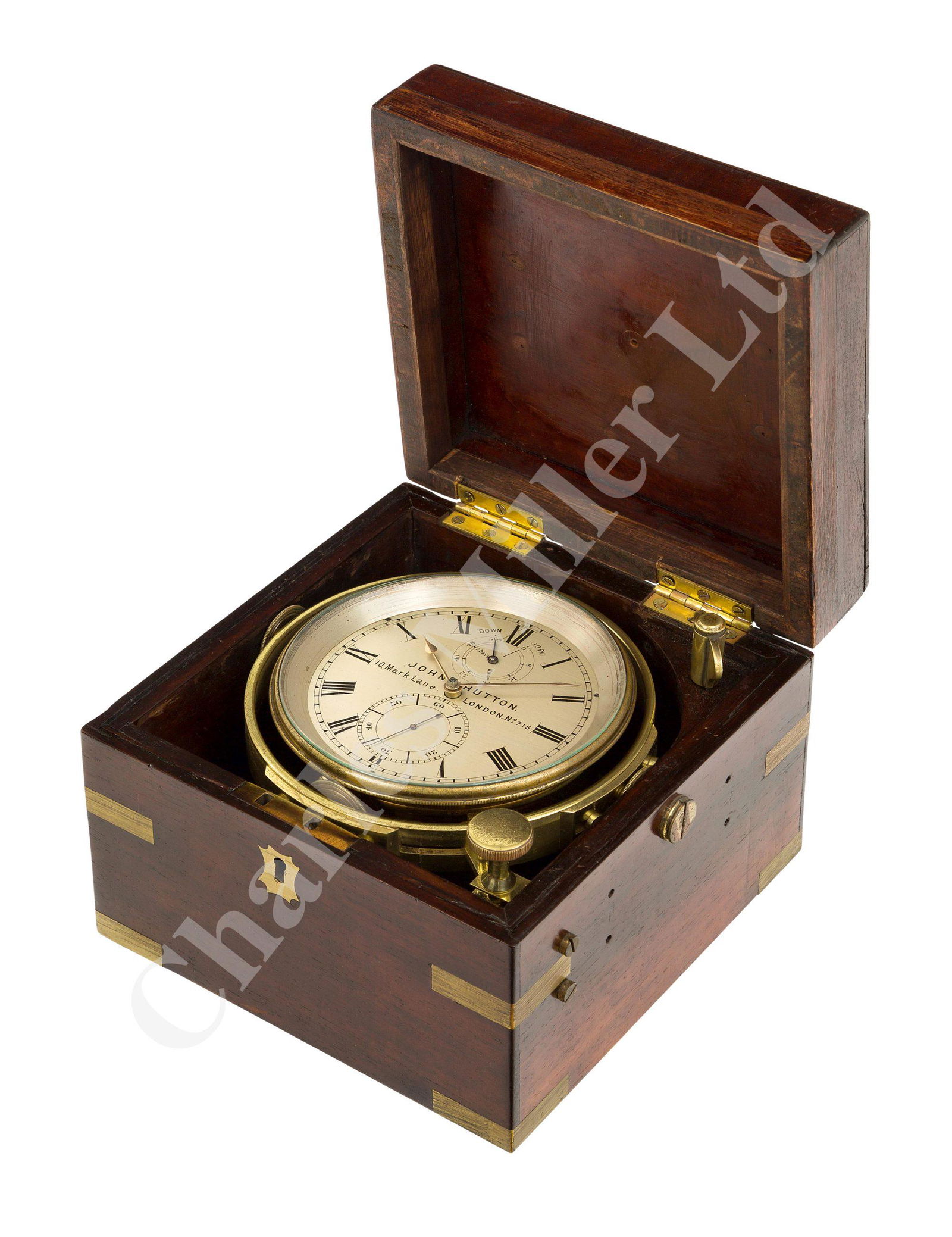 A TWO-DAY MARINE CHRONOMETER BY JOHN HUTTON, LONDON,: A TWO-DAY MARINE CHRONOMETER BY JOHN HUTTON, LONDON, CIRCA 1865 the 4in. silvered dial signed as per title and numbered 715 , gold hands with blued secondaries, spotted plates containing movement with