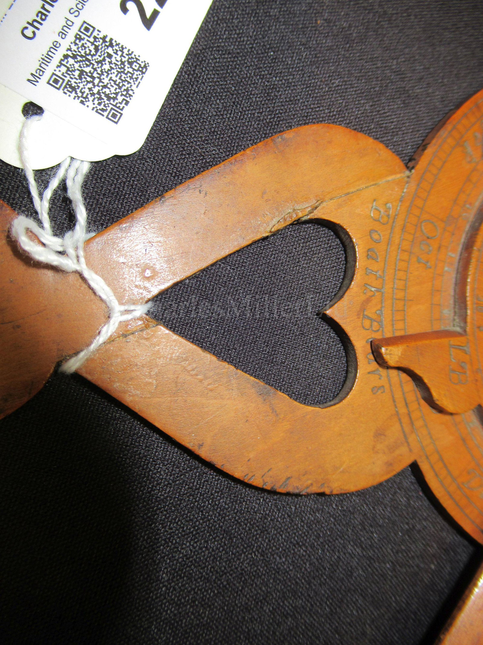 AN 18TH CENTURY NOCTURNAL: AN 18TH CENTURY NOCTURNAL constructed in fruitwood of typical form, inscribed Boath Bears by handle -- 9¾in. (25cm.) high; together with a liquid filled gimbal-mounted compass in box and a sigh
