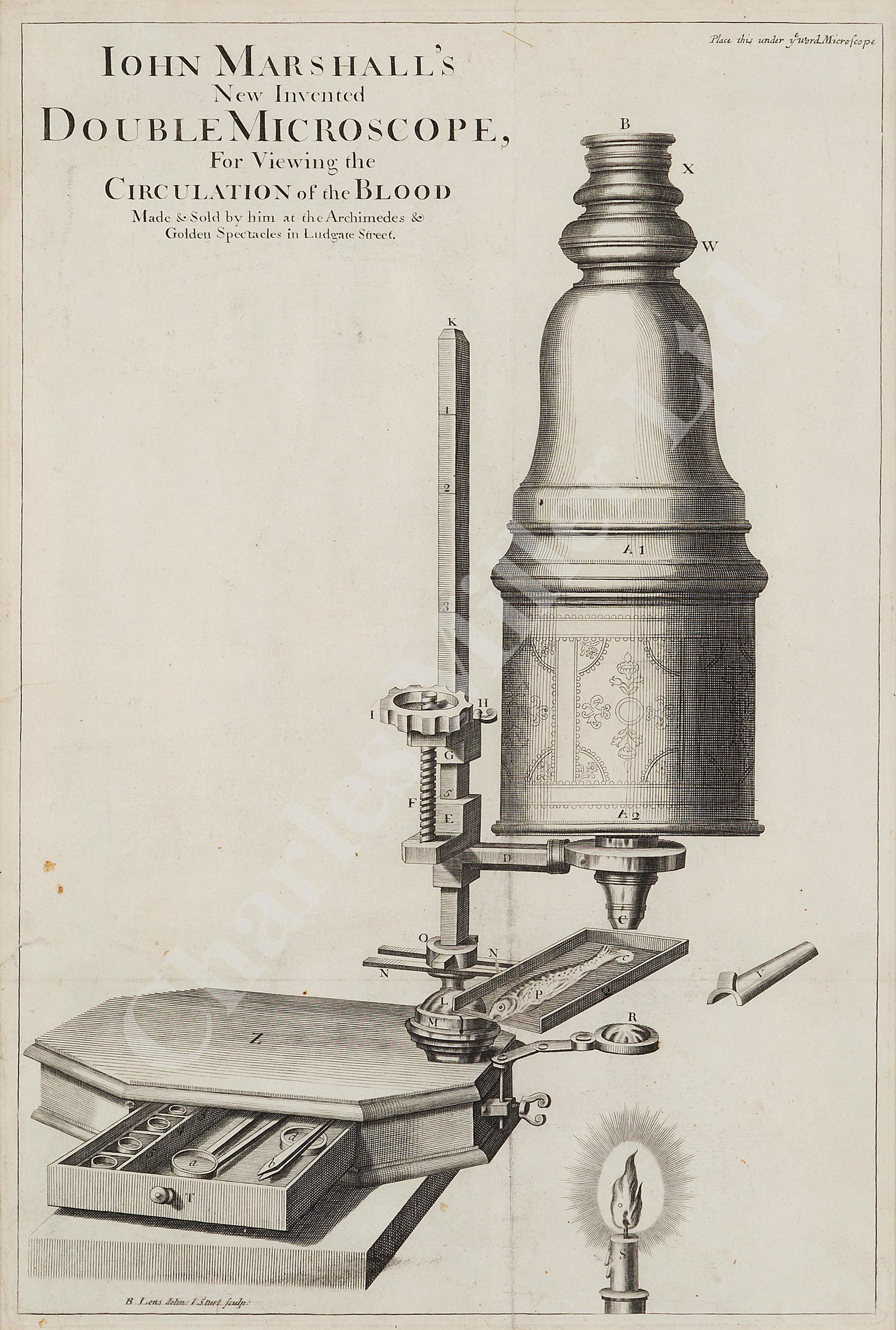 JOHN MARSHALL: JOHN MARSHALL'S NEW INVENTED DOUBLE MICROSCOPE ... engraved pictorial advert from the Lexicon Technicon circa 1704, with printer's instruction place this under ye word microscope top right -- 15½ x 1