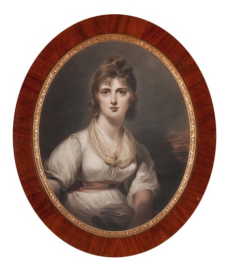 AFTER GEORGE ROMNEY, 19TH-CENTURY Emma, Lady Hamilt: AFTER GEORGE ROMNEY, 19TH-CENTURY Emma, Lady Hamilton coloured mezzotint mounted in oval frame with trade label for Ackerman’s to reverse. Overall measurements -- 26¼ x 22in. (66.5 x 56cm.)