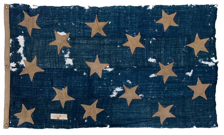 AN HISTORICALLY INTERESTING FIFTEEN-STAR AMERICAN NAVAL: AN HISTORICALLY INTERESTING FIFTEEN-STAR AMERICAN NAVAL JACK FROM THE ANGLO-AMERICAN WAR OF 1812 comprising four conjoined blue bunting strips with fifteen appliquéd five-point stars, canvas sleeve w