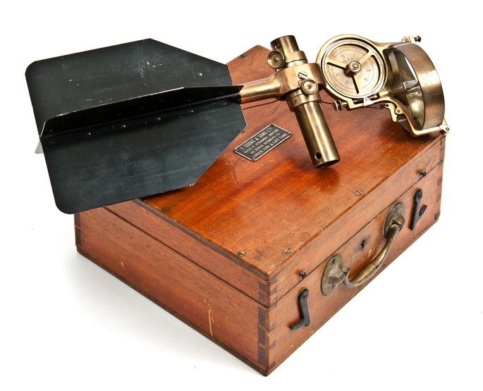 A CURRENT FLOW METER BY T. COOKE & SONS LTD constructed: A CURRENT FLOW METER BY T. COOKE & SONS LTD constructed in brass and signed on the propeller guard as per title, the recording disc calibrated for miles and furlongs, detachable black-painted fin, con