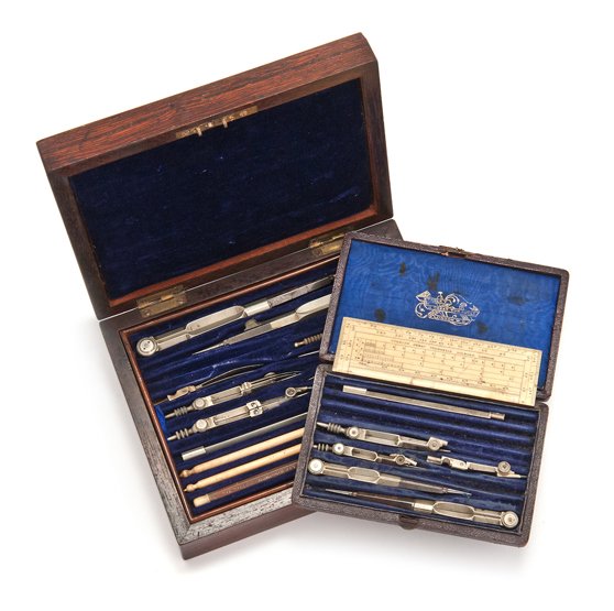 A LATE 19TH-CENTURY DRAWING SET unsigned, the plush-lin: A LATE 19TH-CENTURY DRAWING SET unsigned, the plush-lined upper tier fitted and complete with typical instruments including compass, pens, dividers etc., the lower tray with two ivorine rules, brass p
