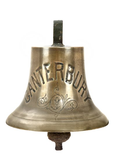 A BELL FROM THE DOVER-CALAIS FERRY CANTERBURY, 1929 cas: A BELL FROM THE DOVER-CALAIS FERRY CANTERBURY, 1929 cast in brass with moulded rim and clapper and inscribed in black-filled lettering over a decorative motif -- 12½in. (32cm.) high Built by Denny Br