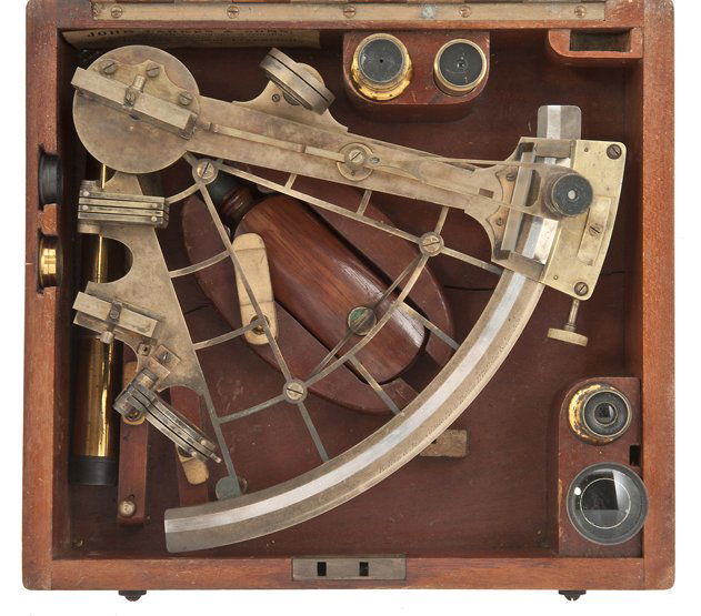 AN EARLY 20TH-CENTURY 7¼IN. RADIUS VERNIER SEXTANT BY K: AN EARLY 20TH-CENTURY 7¼IN. RADIUS VERNIER SEXTANT BY KELVIN AND JAMES WHITE LTD the brass arc signed as per title and numbered J847, with inset silvered scale divided to 155°, polished-brass ladder