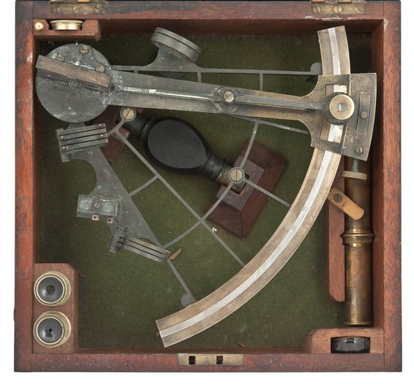 A MID 19TH-CENTURY 7½IN. RADIUS VERNIER SEXTANT BY SPEN: A MID 19TH-CENTURY 7½IN. RADIUS VERNIER SEXTANT BY SPENCER BROWNING & CO, LONDON the oxidised-brass ladder frame with polished-brass arc, signed as per title and inscribed and numbered Made for Jo. S