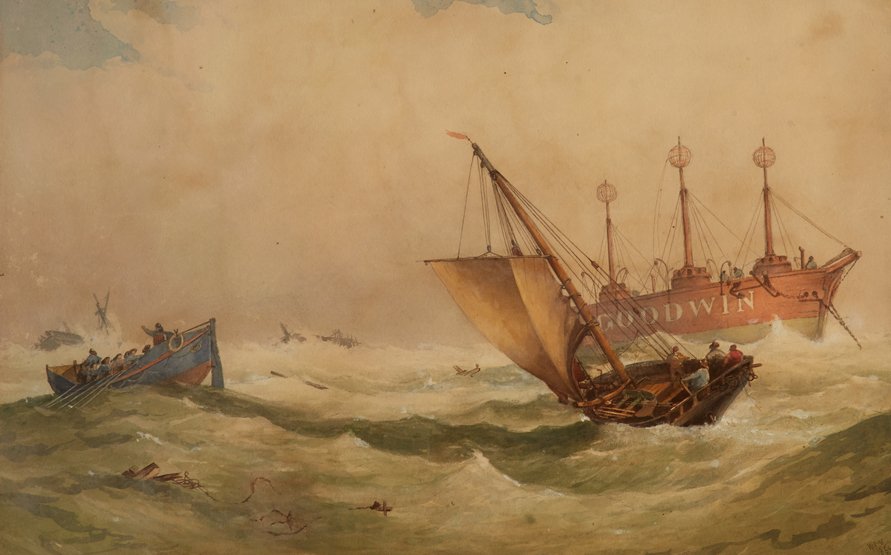 WILLIAM FREDERICK MITCHELL (BRITISH, 1845-1914) The: WILLIAM FREDERICK MITCHELL (BRITISH, 1845-1914) The Walmer Lifeboat making a rescue off the Goodwin Sands Watercolour heightened with bodycolour Signed 'WFM' and dated '1864' (lower right) 12 x 19¼in