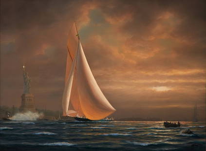 TIM THOMPSON (BRITISH, B. 1951) Sir Thomas Lipton with: TIM THOMPSON (BRITISH, B. 1951) Sir Thomas Lipton with his America's Cup challenger "Shamrock" taking the salute off the Statue of Liberty at dusk, 1899 Oil on canvas Signed 'TFR Thompson ©' (lower