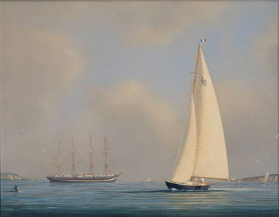 TIM THOMPSON (BRITISH, B. 1951) French Six Metre Yacht,: TIM THOMPSON (BRITISH, B. 1951) French Six Metre Yacht, cruising in company with a Four Masted Clipper Oil on canvas Signed '..Thompson' (lower left), artist's title to verso 7¾ x 9½in. (19.5 x