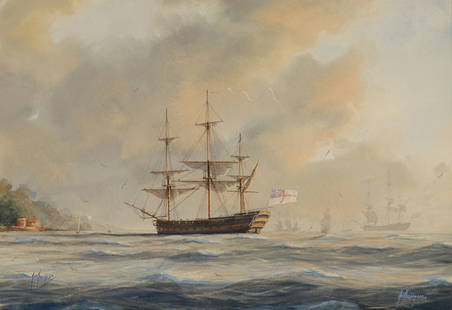 TIM THOMPSON (BRITISH, B.1951) HMS 'Bellerophon',: TIM THOMPSON (BRITISH, B.1951) HMS 'Bellerophon', 44-gun Warship, off Cowes, 1820, Launched Greenwich 1796 Watercolour heightened with bodycolour Signed twice 'Tim Thompson' (lower left/lower right) 7