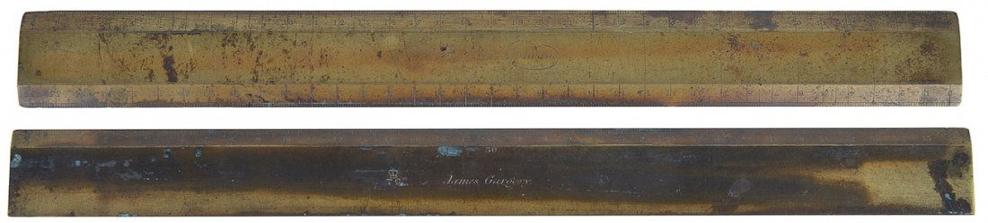 AN 18TH-CENTURY BRASS RULE BY BENJAMIN COLE, LONDON div: AN 18TH-CENTURY BRASS RULE BY BENJAMIN COLE, LONDON divided on one side over 12in. between 0-36 and signed as per title to top; together with another, similar, signed James Gargory and stamped TC with