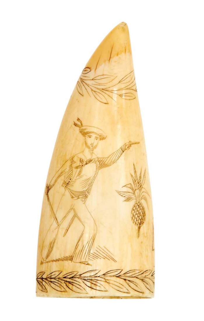 Ã˜ A 19TH-CENTURY SAILOR'S SCRIMSHAW DECORATED WHALE'S: Ã˜ A 19TH-CENTURY SAILOR'S SCRIMSHAW DECORATED WHALE'S TOOTH, worked overall and depicting two 'Jack Tars', one raising a toast, the other armed with pistol and cutlass, divided by a pineapple, and 