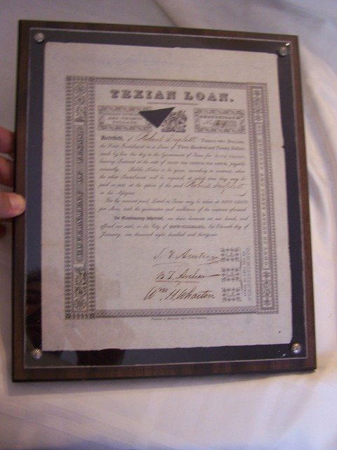 1836 Texian Loan Document Signed Stephen F. Austin: Printed document filled out in ink "Texian Loan" Received of Robert Triplett Thirty-Two Dollars. Signed by Stephen F. Austin, Branch Tanner Archer and Willian Harrison Wharton as commissioner of the p