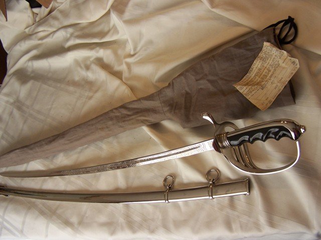 1957 Meyer US Military Sword with Award: Came from the estate of James A Shafer one of the nicest examples in original case and sheath with certificate from 1957