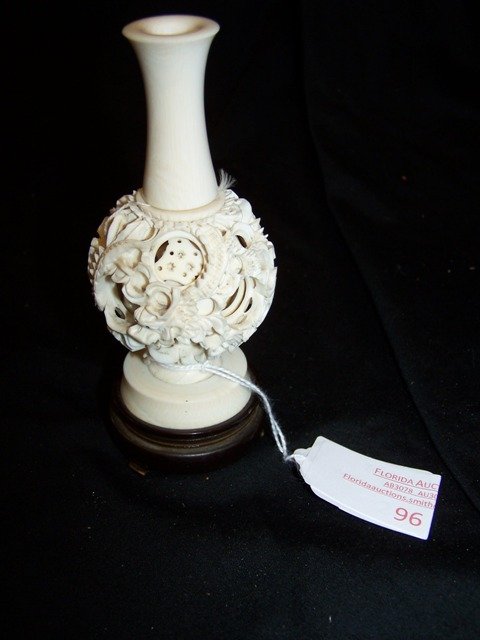 Rare Dragon Elephant Ivory Puzzle ball Vase: Unique vintage Elephant ivory puzzle ball dragon motif measures 5 1/4 in tall including base