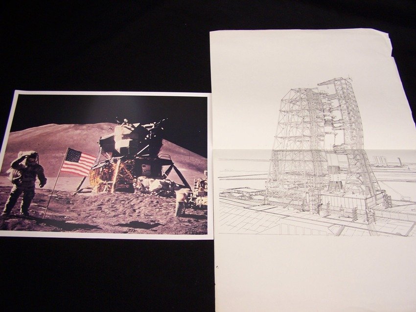 Grumman LM Litho and Saturn Launch Pad Foldout: lot of 2 items 1 Grumman litho 9 X 11 in of the Lm and a foldout of the Saturn Launch Pad From the estate of a Joel H. Taft a 40 plus year veteran of Grumman Aerospace Corporation