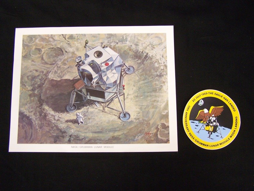 Grumman Lunar Module Collection: 10th anniversary unused decal and a 9 X 11 in Grumman Litho Artist Concept of the LM From the estate of a Joel H. Taft a 40 plus year veteran of Grumman Aerospace Corporation